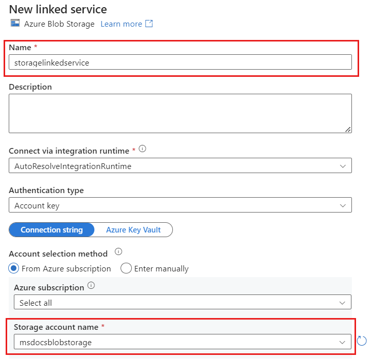 Screenshot: Dialogfeld „Neuer verknüpfter Dienst“ mit ausgewähltem Azure Blob Storage-Konto