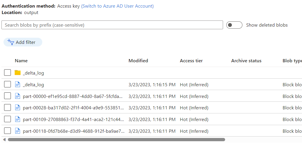 Screnshot der Ausgabedateien aus der Pipeline im Azure Blob Storage-Container