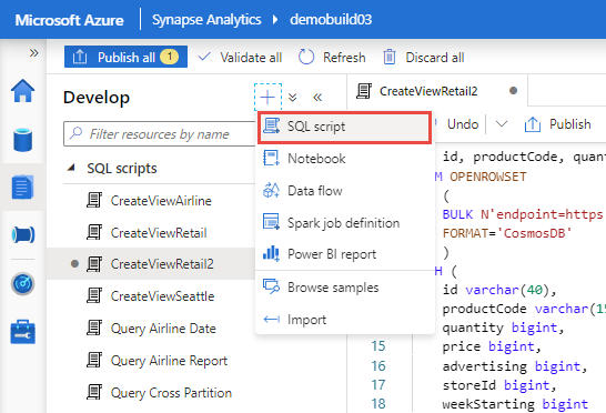 Hinzufügen eines SQL-Skripts zum Synapse Analytics-Arbeitsbereich