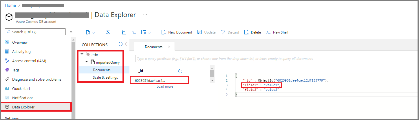 Screenshot: Azure Cosmos DB-Datenüberprüfung.