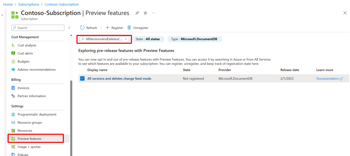 Screenshot: Änderungsfeedmodus „Alle Versionen und Löschvorgänge“ auf der Seite „Vorschaufeatures“ in der Abonnementübersicht im Azure-Portal