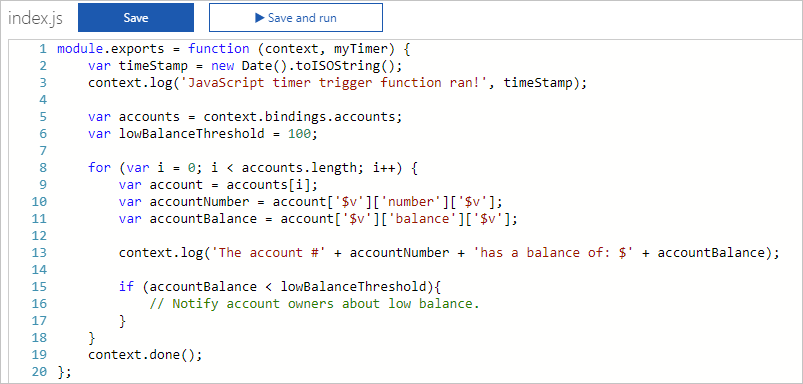 Datei „index.js“ für einen Trigger mit Timer für ein Finanzszenario