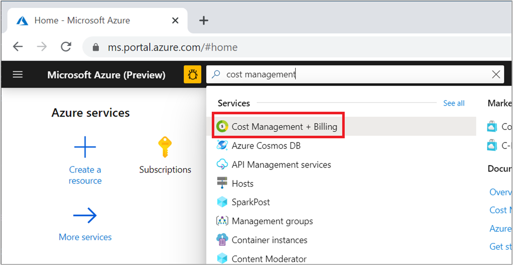 Screenshot der Suche nach „Kostenverwaltung + Abrechnung“ im Azure-Portal