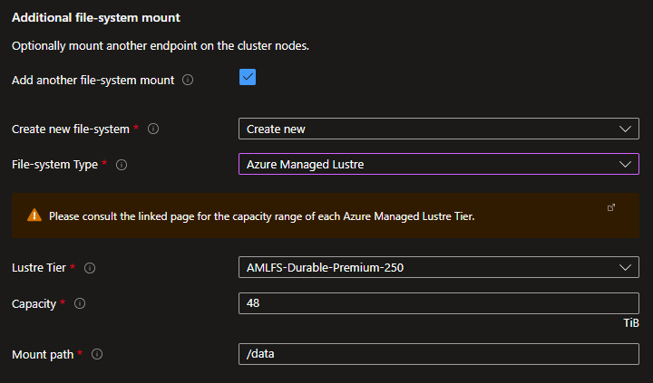 Screenshot der zusätzlichen Dateisystem-Bereitstellung zum Erstellen neuer azure Managed Lustre