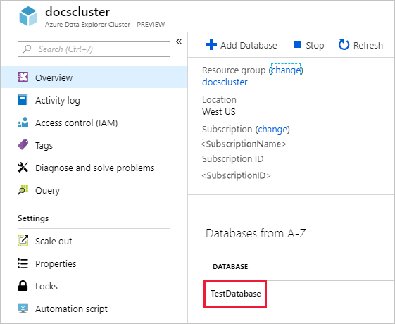 Screenshot der Übersichtsseite von Azure Data Explorer und der Auswahl einer Beispieldatenbank.