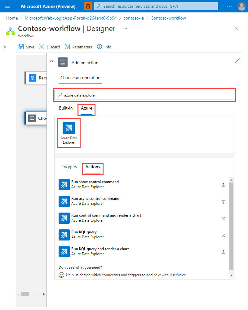 Screenshot: Seite „Designer“ mit den Azure Data Explorer-Aktionen