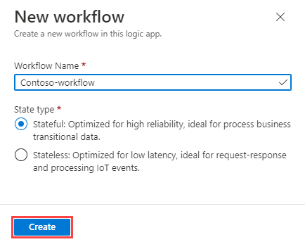 Screenshot: Seite „Neuer Workflow“ mit den ausgefüllten Details und der Schaltfläche „Erstellen“