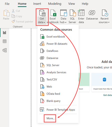 Screenshot: Registerkarte „Start“ in Power BI Desktop mit dem Dropdownmenü der Registerkarte „Start“ mit dem Titel „Daten abrufen“ mit hervorgehobener Option „Mehr“