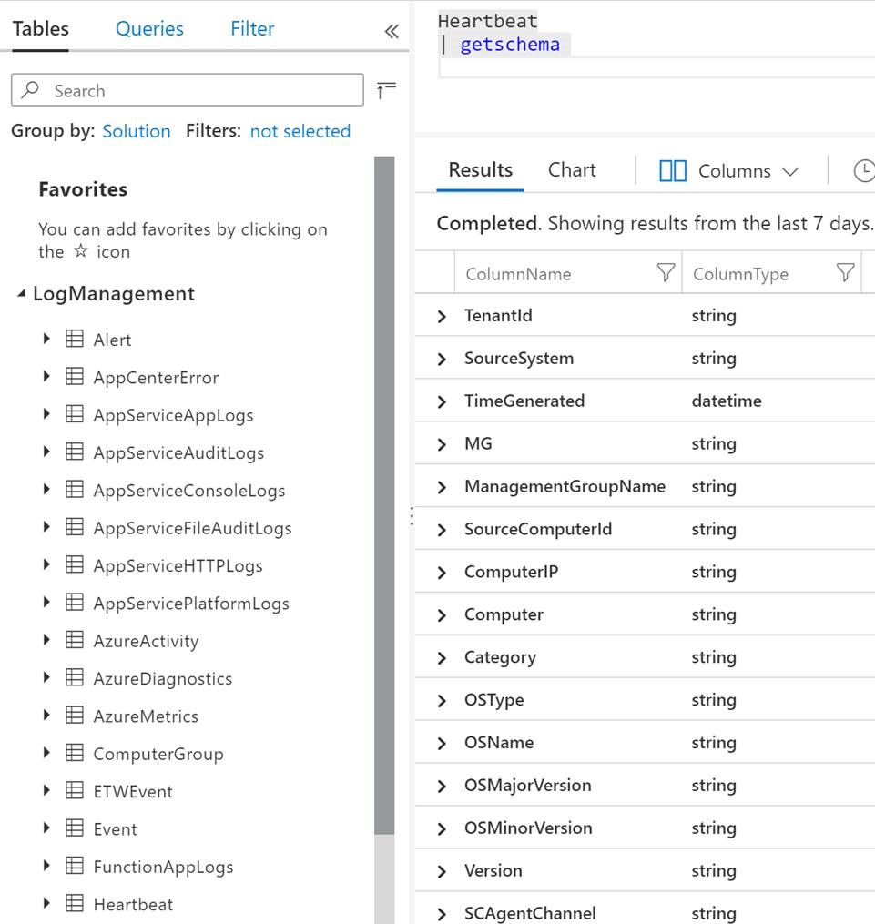 Screenshot eines Log Analytics-Tabellenschemas