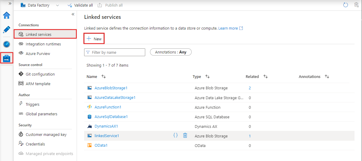 Zeigt die Registerkarte „Verwalten“ von Azure Data Factory Studio mit verknüpften Diensten und hervorgehobener Schaltfläche „Neu“.