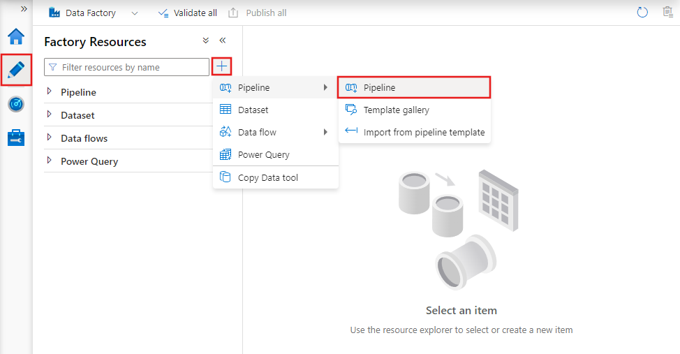 Schritte zum Erstellen einer neuen Pipeline mit Azure Data Factory Studio.