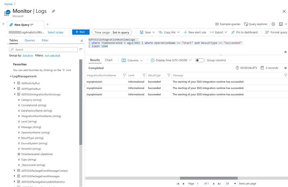 Abfragen von Protokollen zum SSIS IR-Betrieb in Log Analytics