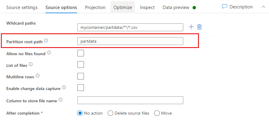 Screenshot: Einstellungen für Partitionsquelldateien in der Quellentransformation im Zuordnungsdatenfluss