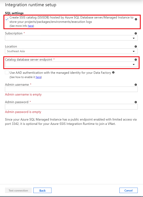 Screenshot der Integration Runtime-Einrichtung mit aktivierter Option „SSIS-Katalog erstellen“ und eingegebenem Datenbankserver-Endpunkt für den Katalog