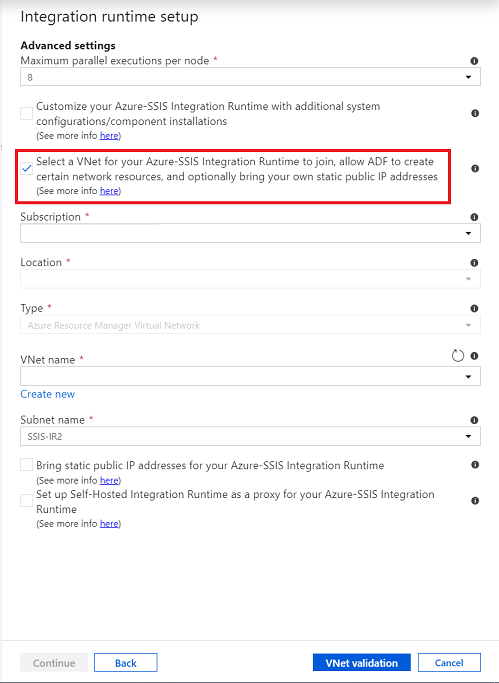 Screenshot der erweiterten Einstellungen für die Integration Runtime-Einrichtung zur Auswahl eines virtuellen Netzwerks für den Beitritt Ihrer Runtime