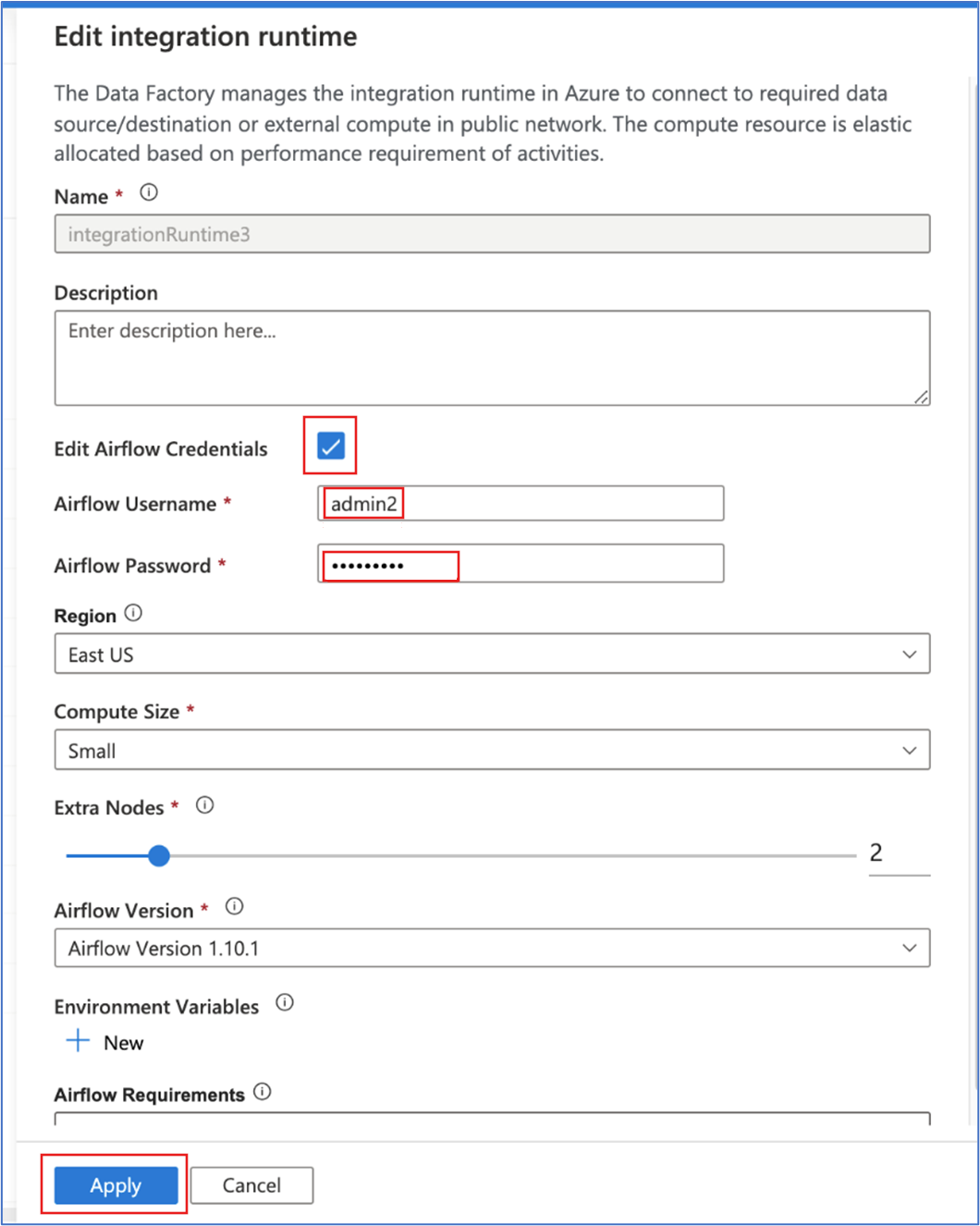 Screenshot: Ändern eines Airflow-Kennworts in den Integration Runtime-Einstellungen