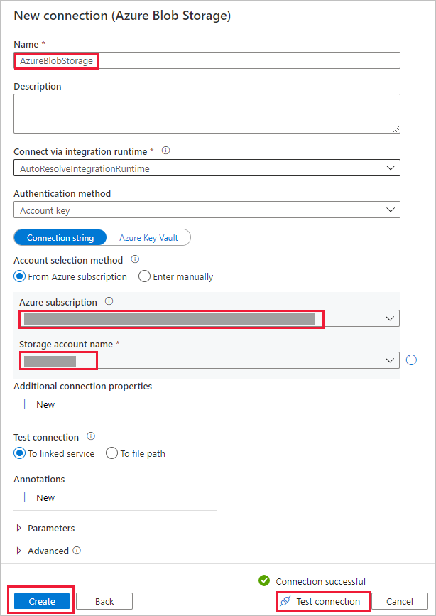 Screenshot, der zeigt, wo das Azure Blob Storage-Konto konfiguriert werden soll.