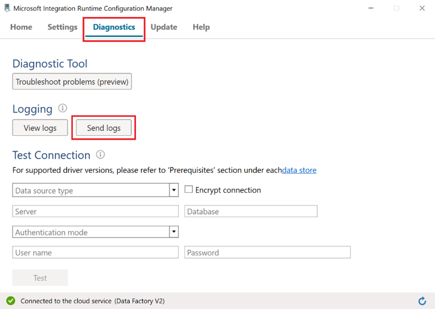 Screenshot der Registerkarte „Diagnose“ von Integration Runtime Configuration Manager mit hervorgehobener Option „Protokolle senden“.