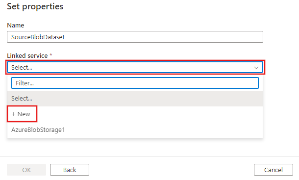 Screenshot des Fenster „Eigenschaften festlegen” für das Dataset mit hervorgehobener Schaltfläche „Neu” im Dropdownmenü „Verknüpfter Dienst”.**