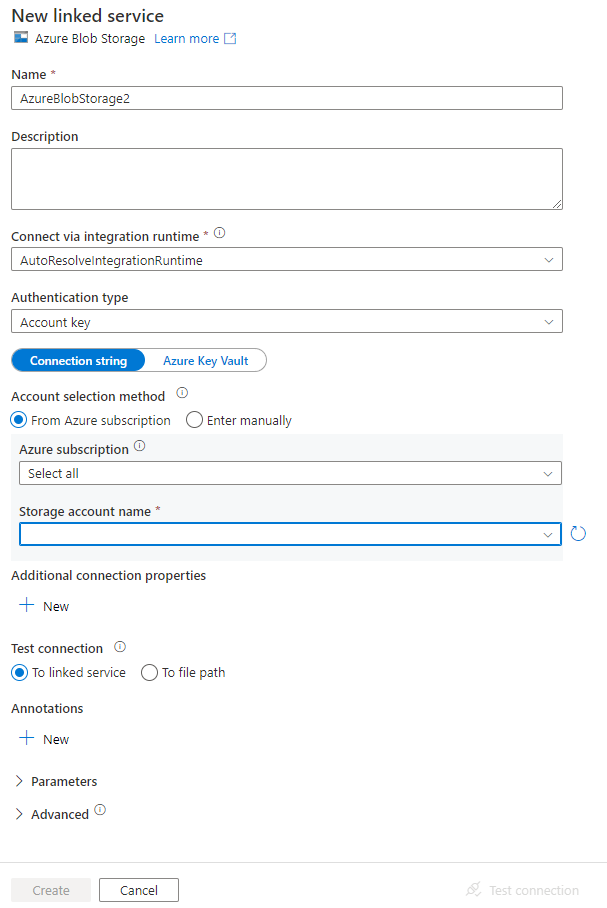 Screenshot des Fensters „Datasetverbindung“ mit hervorgehobener Schaltfläche „Neuer verknüpfter Dienst“