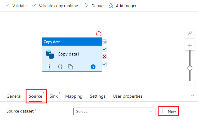 Screenshot: Erstellen eines Quelldatasets für die Kopieraktivität