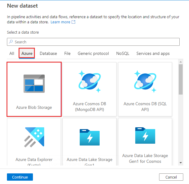 Screenshot der ausgewählten Schaltfläche „Azure Blob Storage“