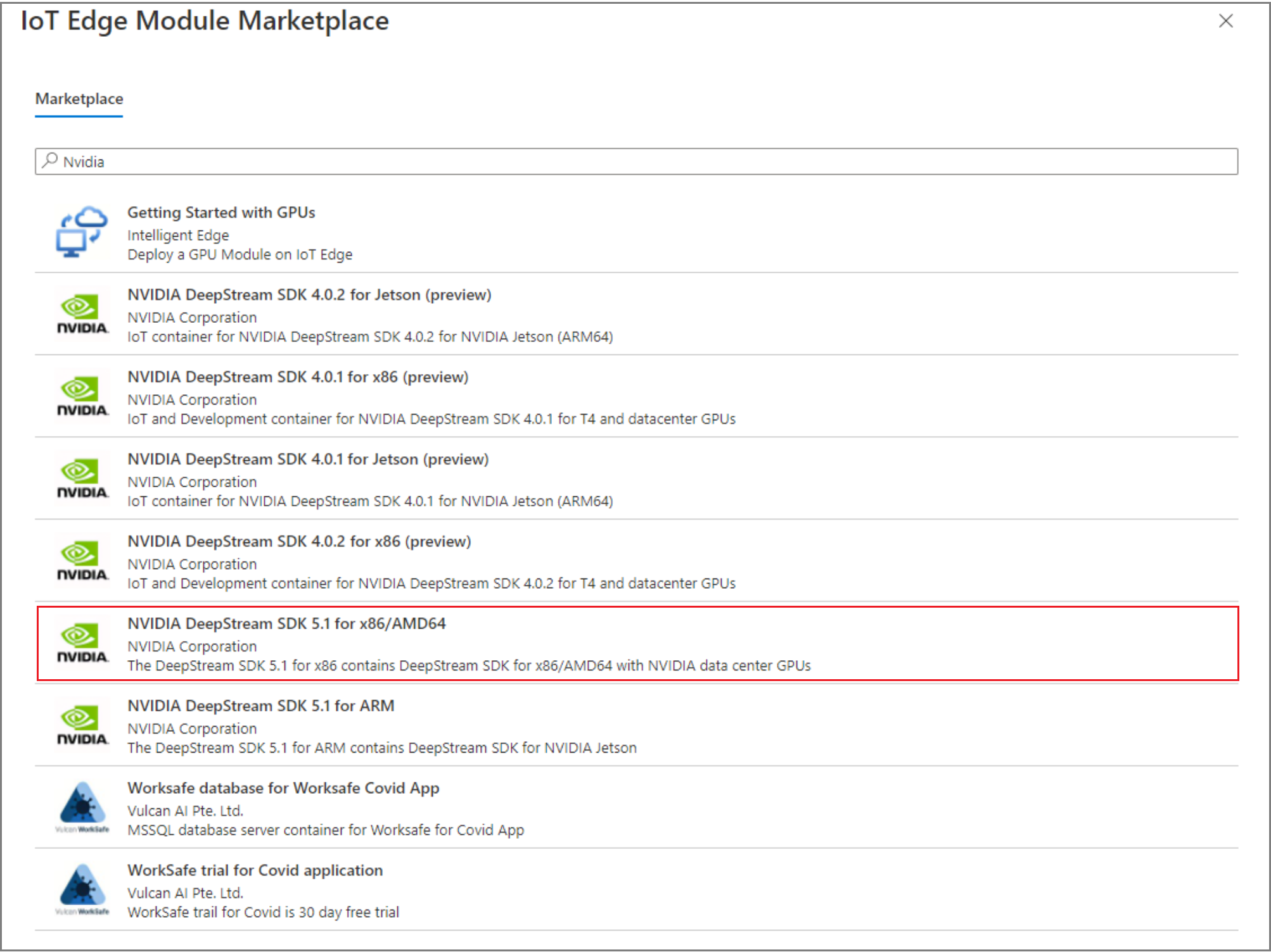 Screenshot des Azure-Portals: IoT Edge-Modul-Marketplace, Option „Module“.