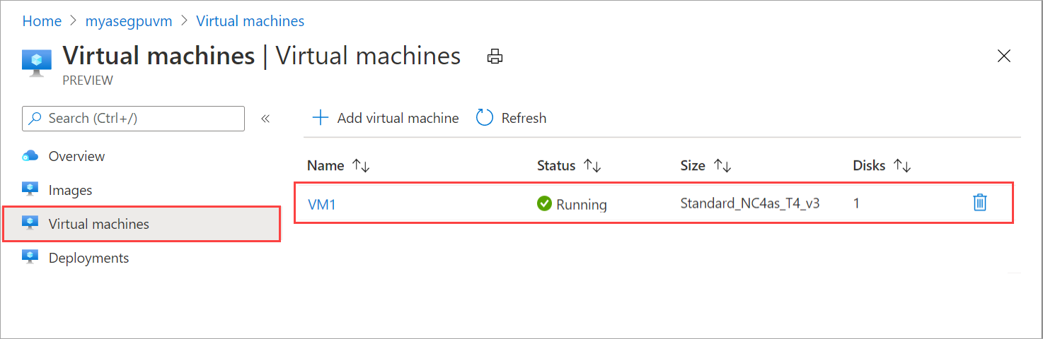 Screenshot der Ansicht „Virtuelle Computer“ in Azure Stack Edge mit hervorgehobener neu erstellter GPU-VM.