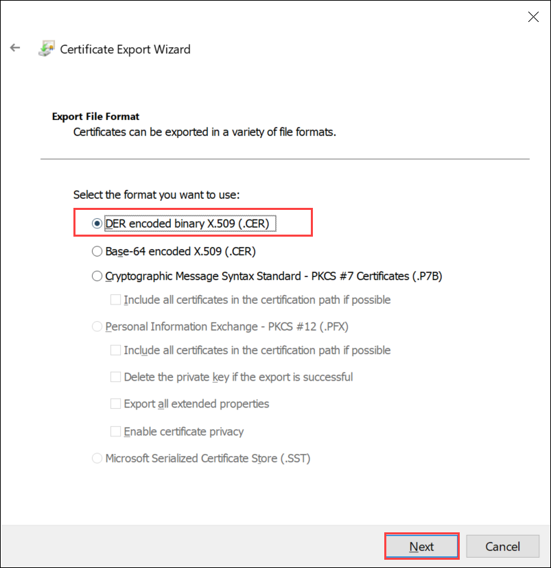 Screenshot: Seite „Format der zu exportierenden Datei“ des Zertifikatexport-Assistent. Das ausgewählte DER-Format und die Schaltfläche „Weiter“ sind hervorgehoben.