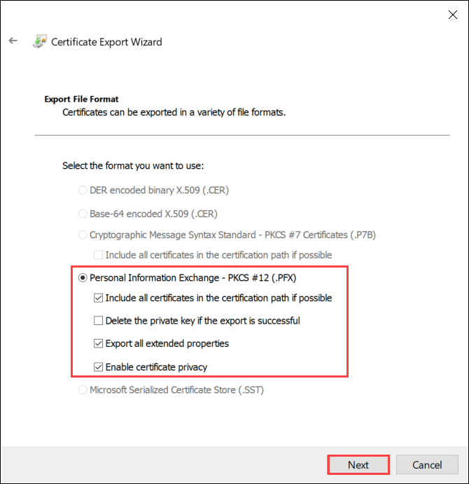 Screenshot: Seite „Format der zu exportierenden Datei“ des Zertifikatexport-Assistenten. Die Optionen für „Privater Informationsaustausch“ und die Schaltfläche „Weiter“ sind hervorgehoben.