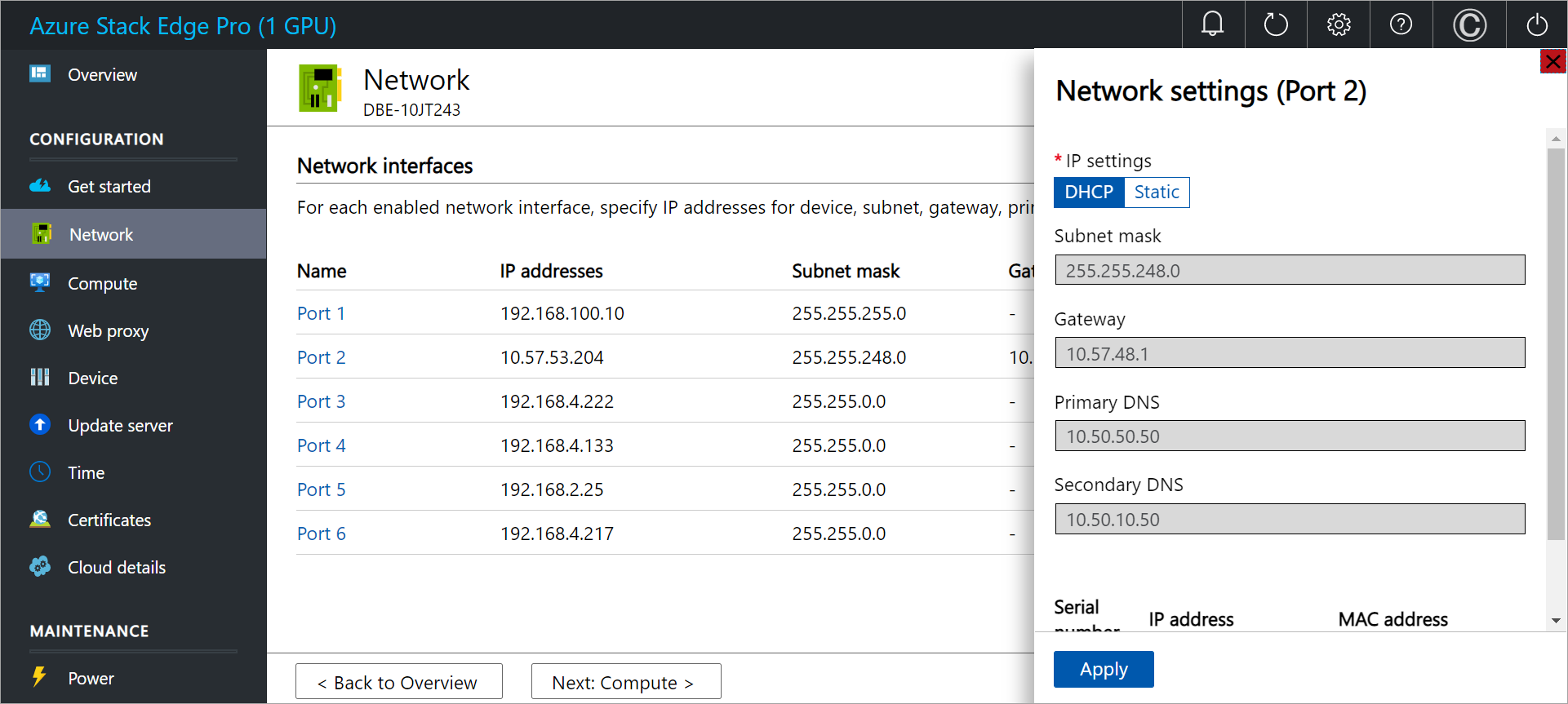 Screenshot: Seite „Netzwerk“ für Azure Stack Edge-Gerät mit Anzeige der Netzwerkeinstellungen für Port 2.