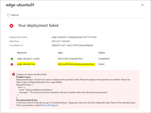 Screenshot: Im Azure-Portal angezeigter Fehler, wenn die Netzwerkschnittstelle während der VM-Bereitstellung auf einem Azure Stack Edge-Gerät nicht erfolgreich erstellt werden kann.