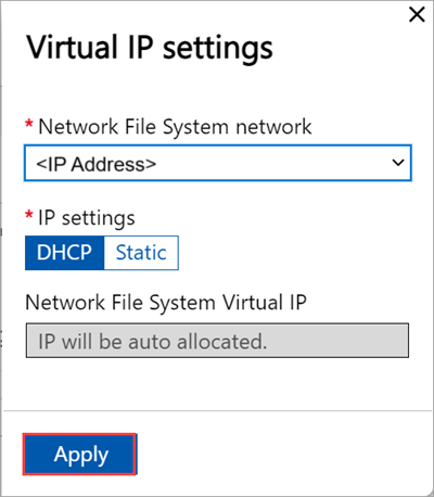 Screenshot der lokalen Webbenutzeroberfläche: Seite „Cluster“ mit dem Blatt „Virtuelle IP-Einstellungen“, auf dem NFS auf dem ersten Knoten konfiguriert wurde