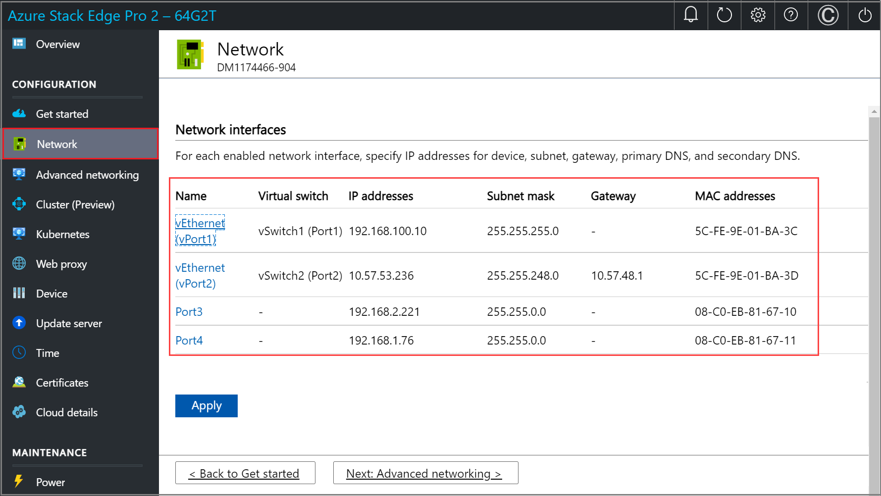 Screenshot der lokalen Webbenutzeroberfläche: Aktualisierte Seite „Netzwerk“.