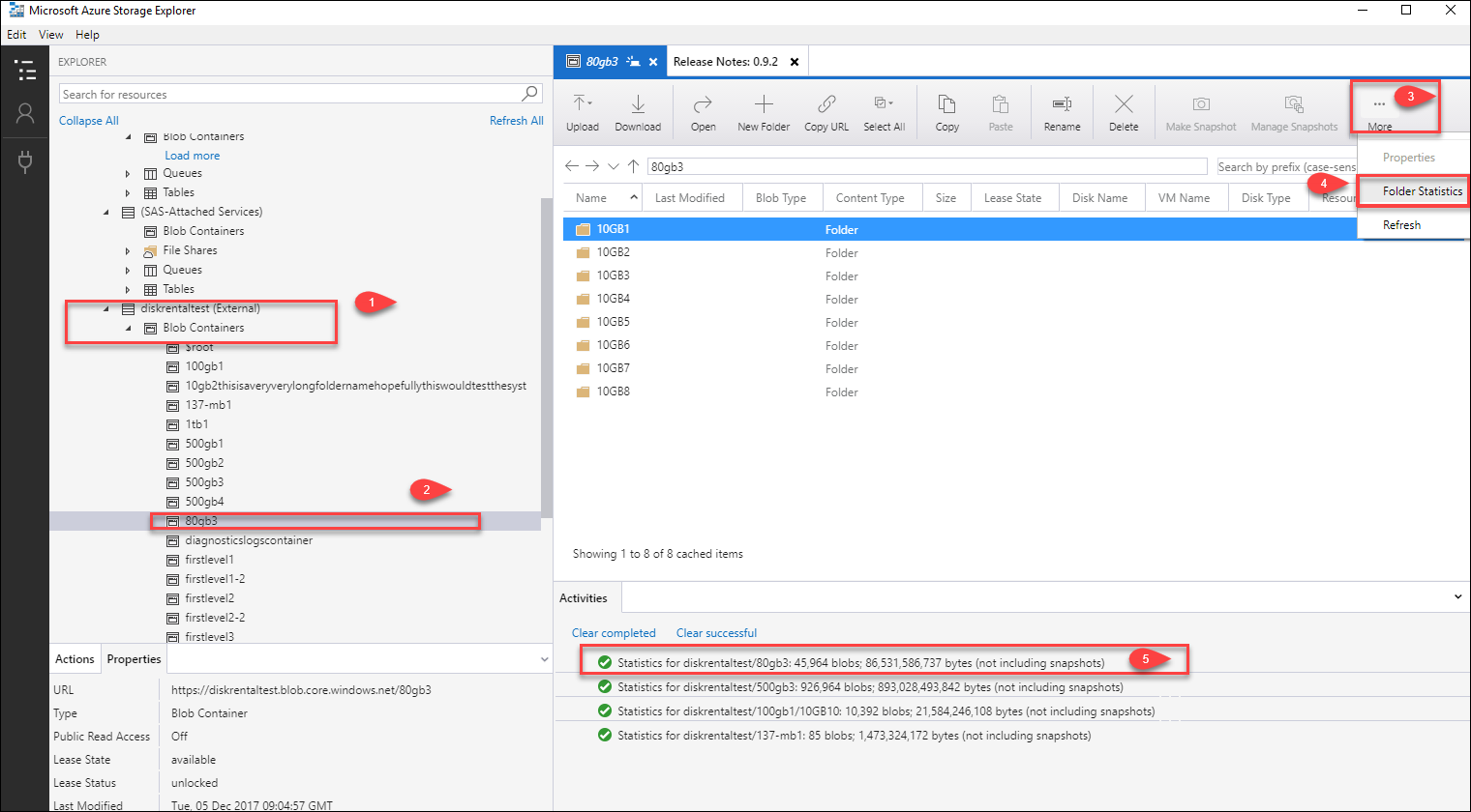 Screenshot zeigt „Ordnerstatistik für ein Blob in Azure Storage-Explorer“. Ein Blobcontainer, Blob und Ordner sind ausgewählt. Die Option „Ordnerstatistik“ und eine Statistikgruppe sind hervorgehoben.