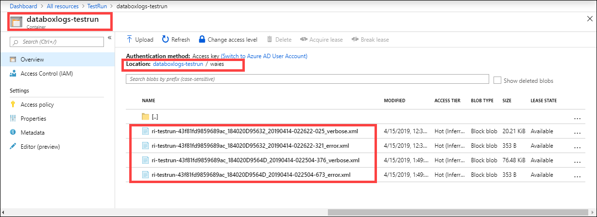 Screenshot of error logs and verbose logs in a storage account for an Azure Data Box Disk order. The logs in the W-A-I-E-S containers are highlighted.