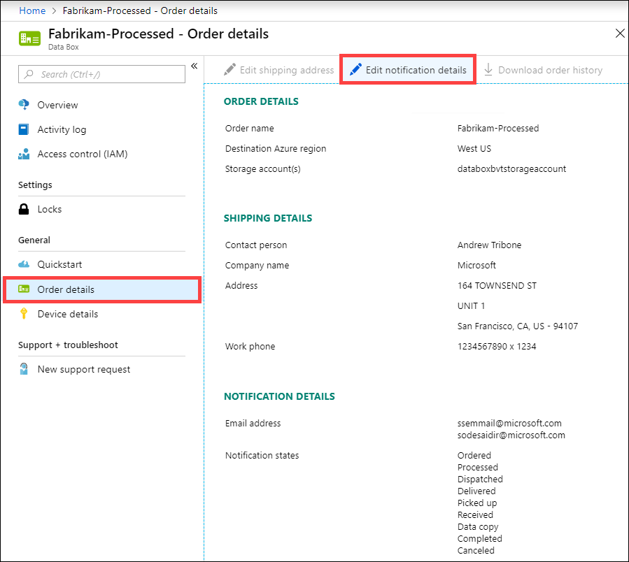 Befehl „Benachrichtigungsdetails bearbeiten“ in „Auftragsdetails“