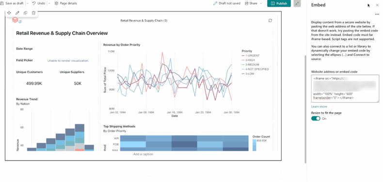 Ein in eine SharePoint-Entwurfsseite eingebettetes Dashboard