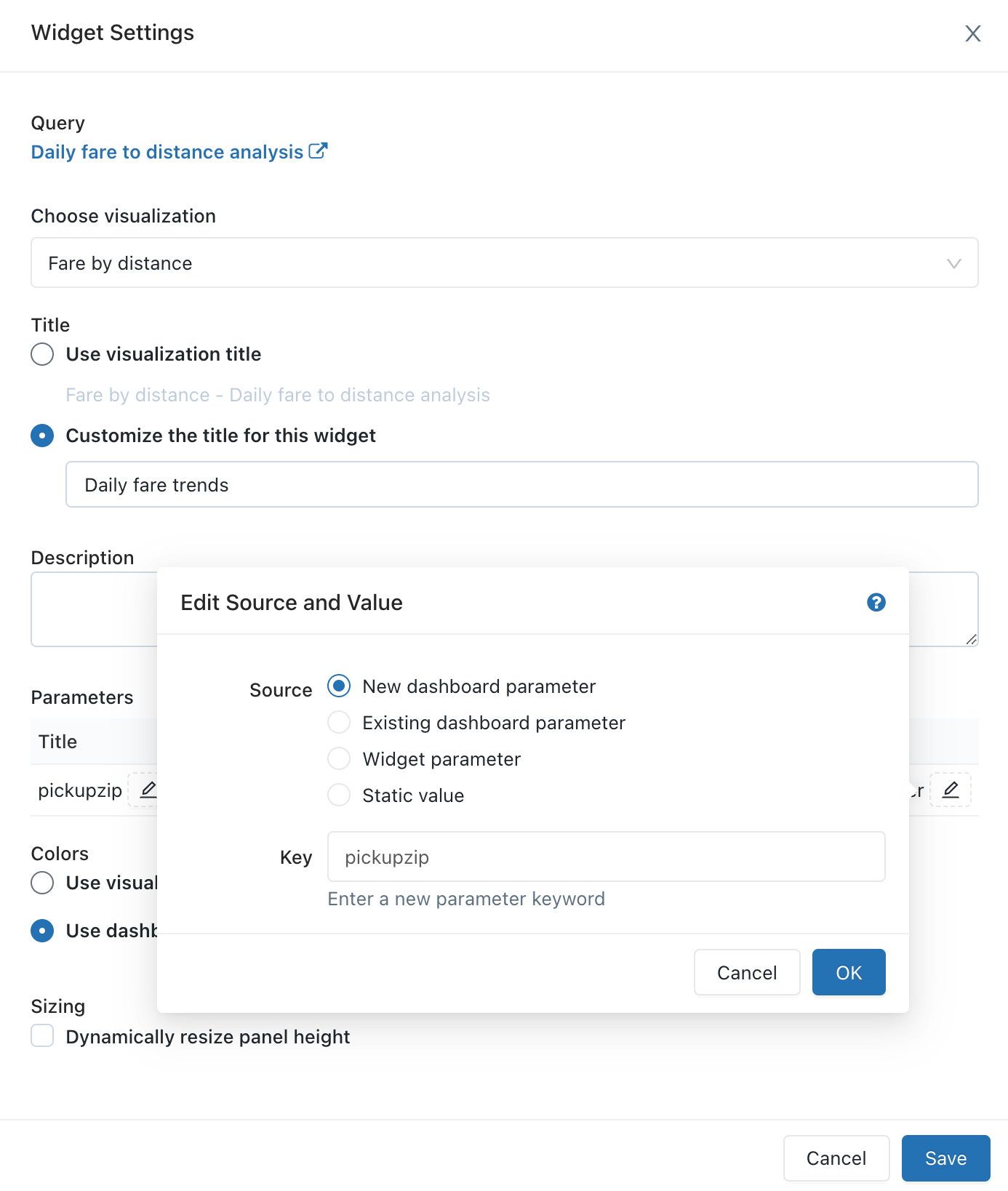 Ändern der Widgetparameter in neue Dashboardparameter