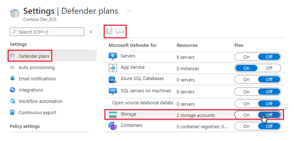 Screenshot: Deaktivieren des Defender für Storage-Plans.