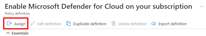 Screenshot: Zuweisen der Definition „Enable Defender for Cloud on your subscription“