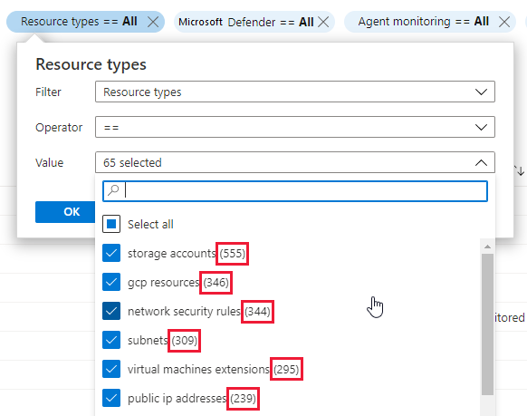 Anzahlangabe in den Filtern der Seite „Ressourcenbestand“ von Azure Security Center