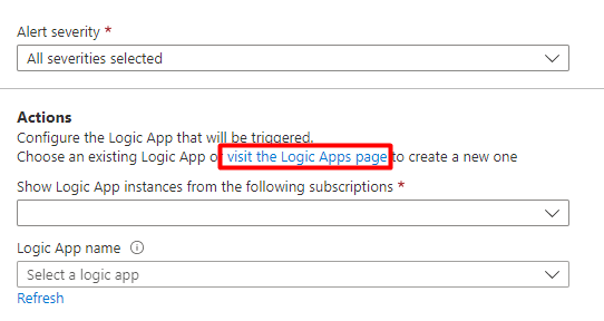 Screenshot, der den Abschnitt „Aktionen“ des Bildschirms „Workflowautomatisierung hinzufügen“ zeigt, und den Link, um Azure Logic Apps zu besuchen.