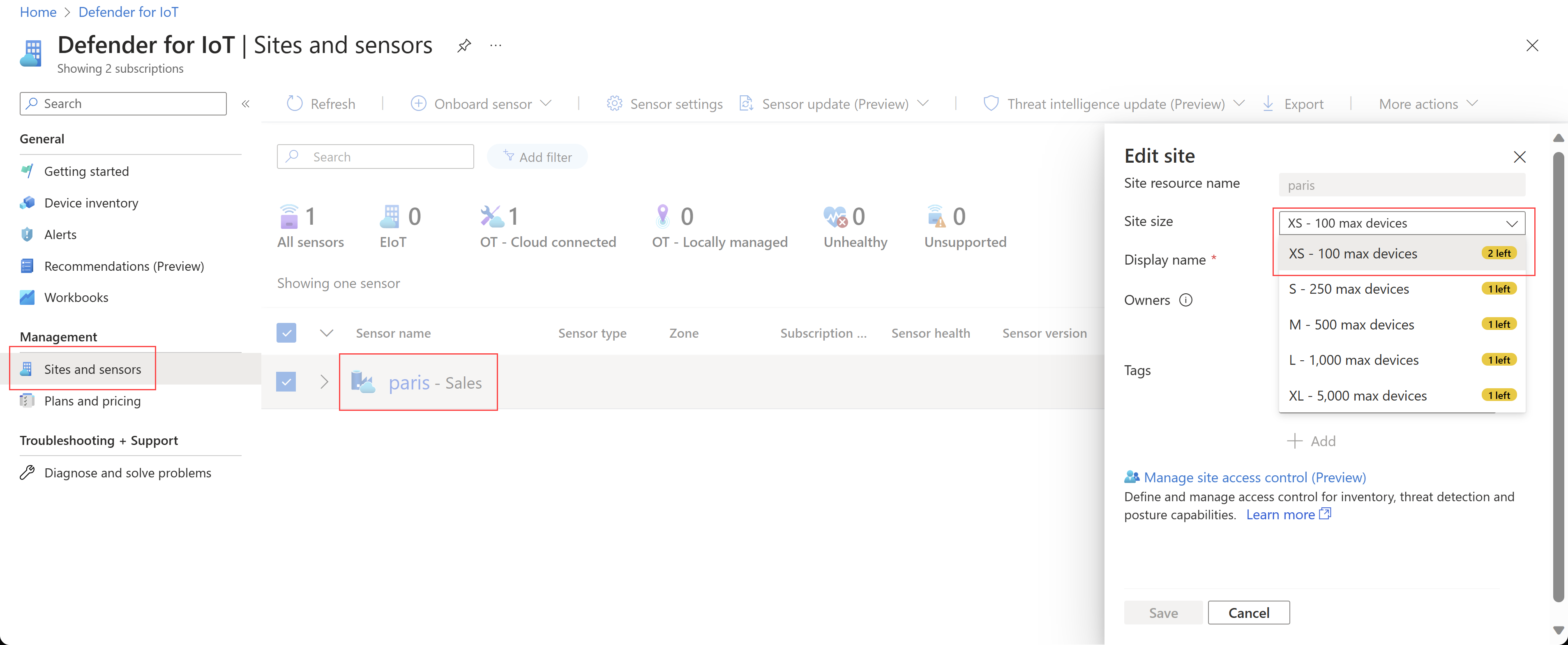 Screenshot: Bearbeiten einer Standortgröße im Azure-Portal.