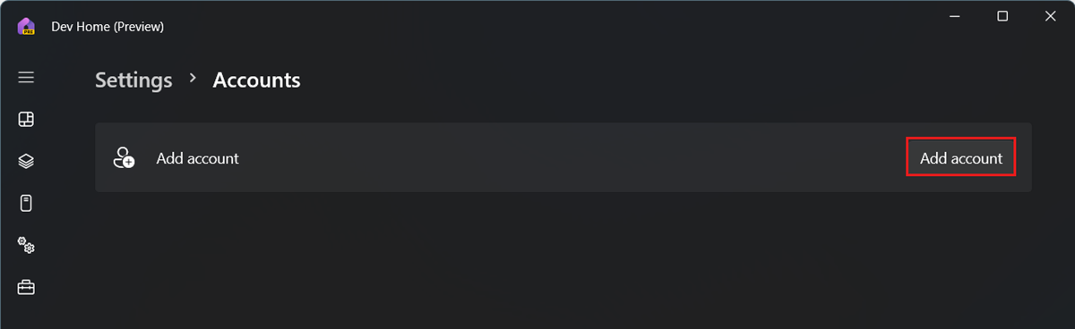 Screenshot: Die Seite „Konten“ in Dev Home mit hervorgehobener Option „Konto hinzufügen“