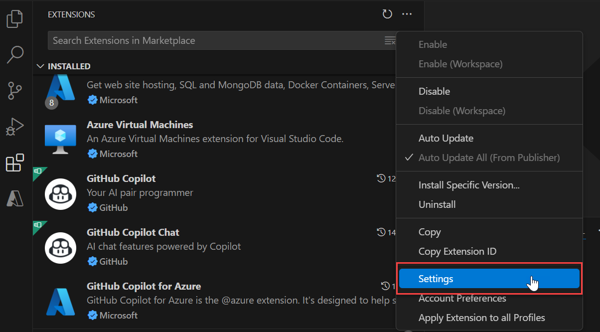 Screenshot des Popupmenüs für GitHub Copilot für Azure.