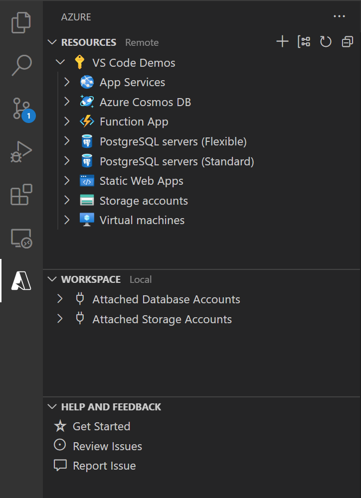 Screenshot: Visual Studio Code mit installierter Erweiterung „Azure Tools“