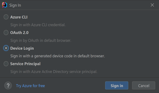 The Azure Sign In window with device login selected.