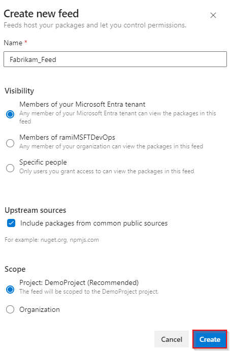 Screenshot, der zeigt, wie Sie einen neuen Feed in Azure DevOps Services erstellen.