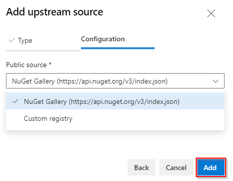 Screenshot, der zeigt, wie Sie das NuGet-Upstream hinzufügen.